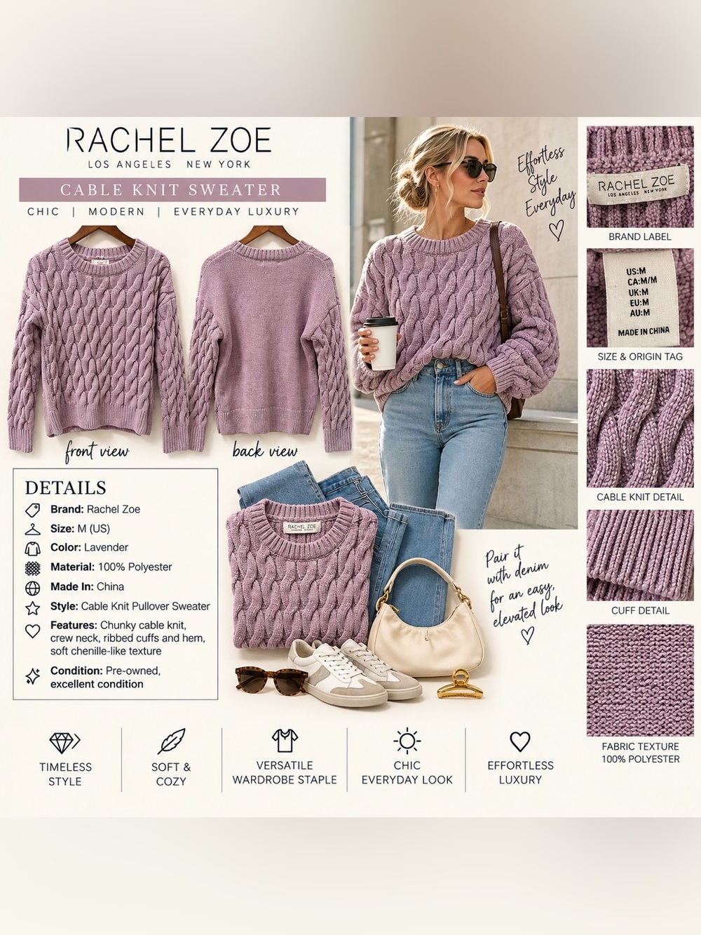 Rachel Zoe Lavender Cable-Knit Crewneck Sweater